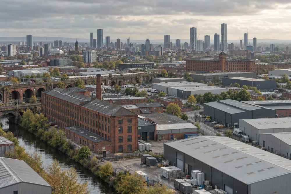 Red brick industrial buildings and modern warehouse units in a Greater Manchester-style district