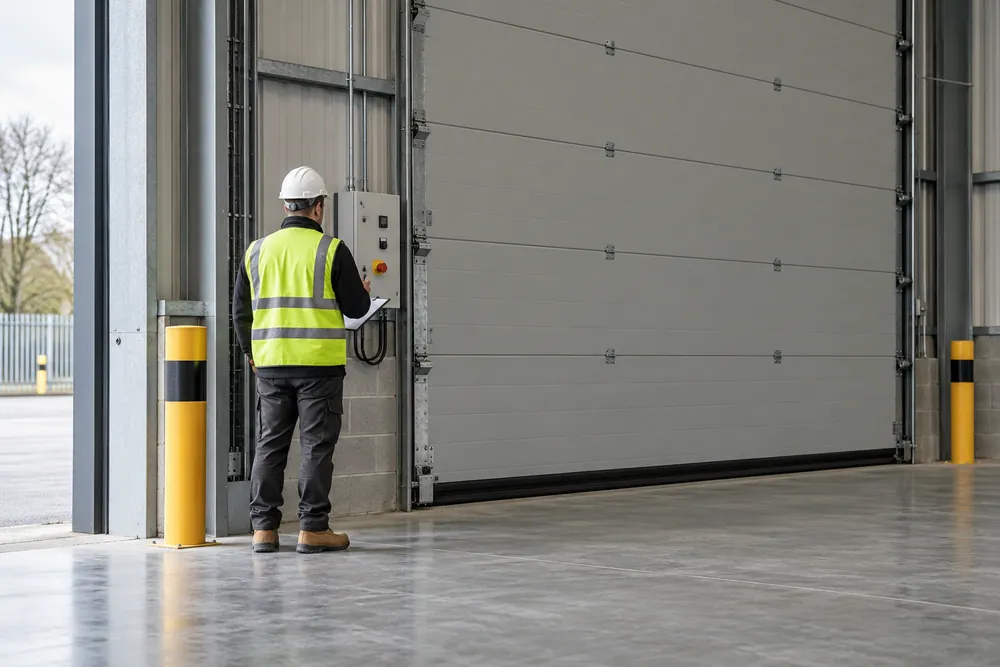 Door engineer checking an isolated control panel beside a stationary industrial door