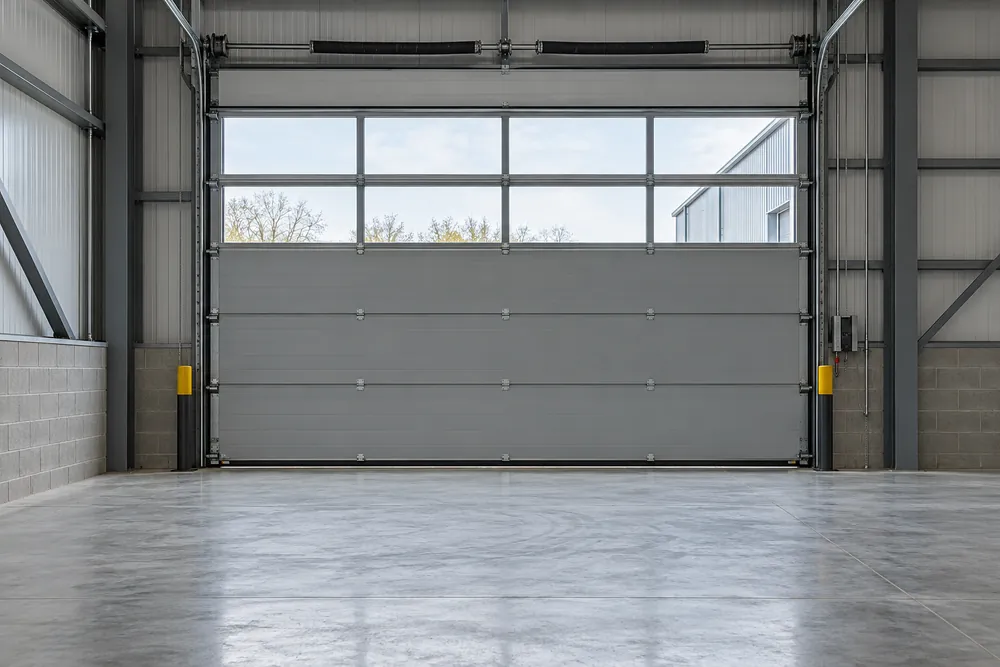 Insulated sectional door with vision panels and overhead tracks inside a warehouse
