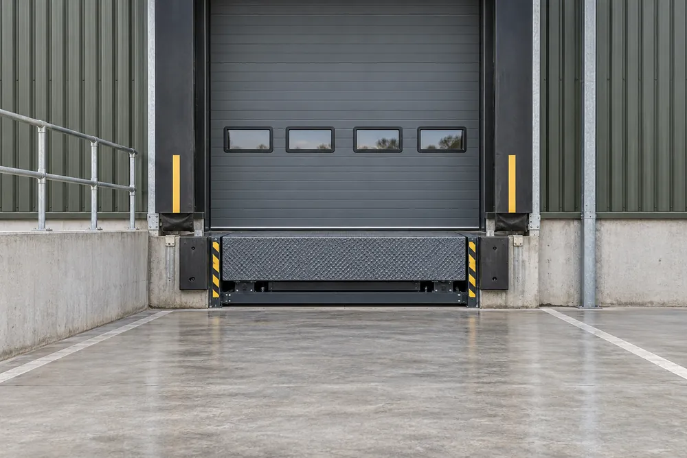 Stowed steel dock leveller at an empty warehouse loading bay