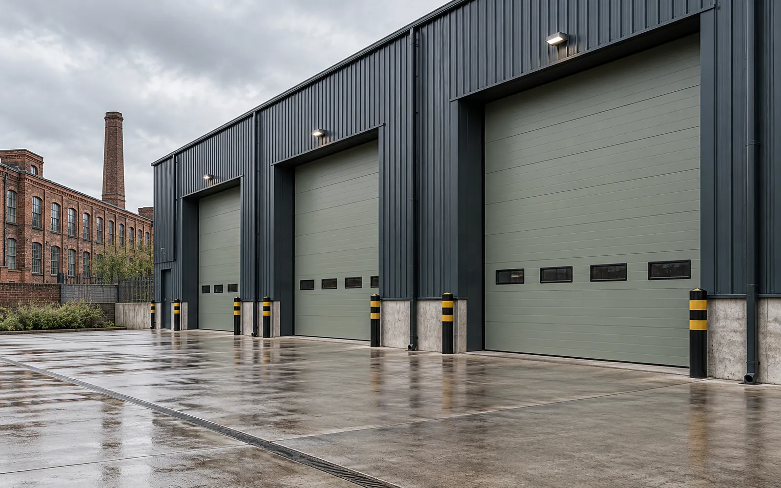 Sage-grey industrial doors at a Manchester-style commercial warehouse